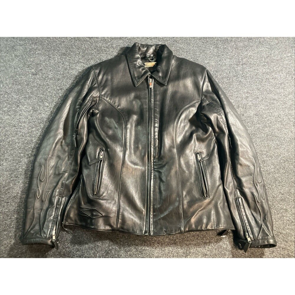 Power Trip Street Unit Leather Motorcycle Jacket Mens Medium Black Flame Lined